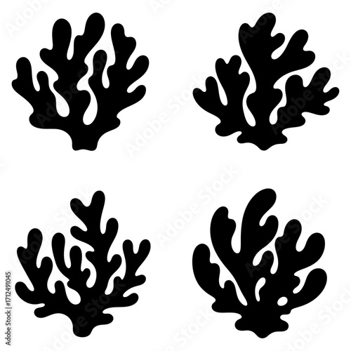 Four isolated black coral and seaweed silhouettes, a vector set of underwater reef plant life icons design