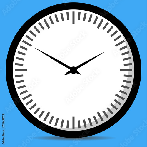 Modern office style analog clock face on a blue background, time management concept