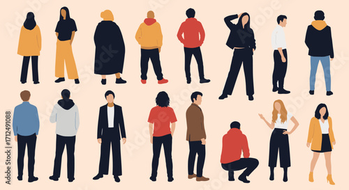 Diverse group of people standing and posing in casual and formal attire.
