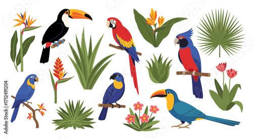 Vibrant Tropical Birds and Exotic Flora Collection.