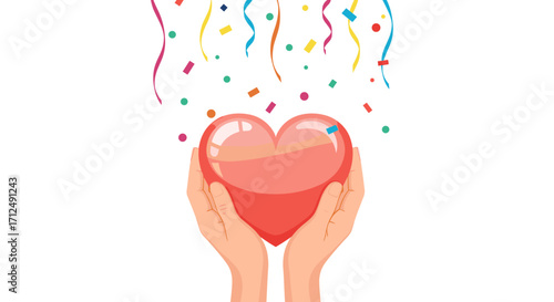 Hands holding a red heart with confetti and streamers falling.
