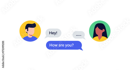 Two people chatting online via text messages on a white background.