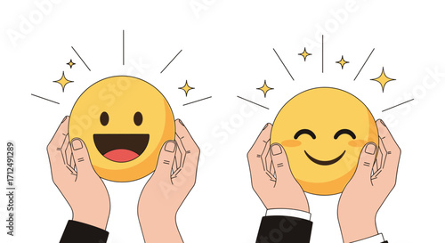 Hands Holding Happy Emoji Faces With Sparkles.