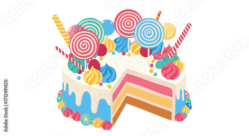 A delicious slice of cake decorated with colorful lollipops and candies.