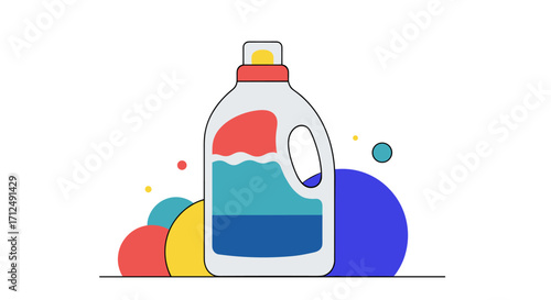 Colorful Laundry Detergent Bottle with Bubbles and Circles.