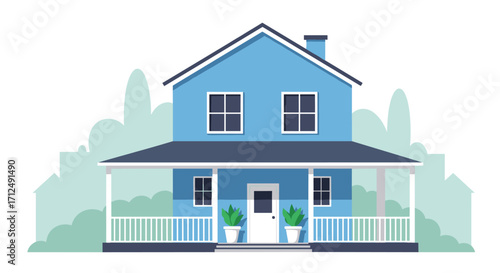 A charming blue two-story house with a welcoming front porch.