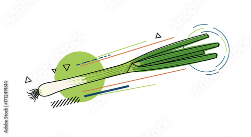 Green onion illustration with abstract geometric shapes and lines.