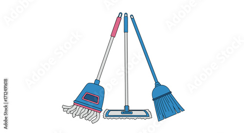 Cleaning tools including a mop and broom.