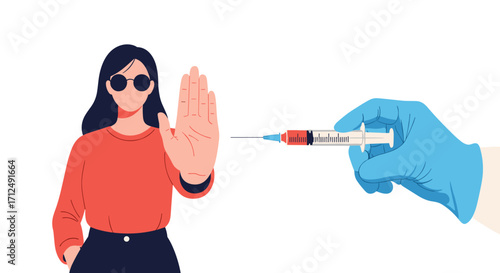 Woman Refusing Vaccination Medical Syringe Injection.