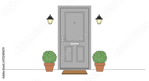 Front Door with Plants and Lights.