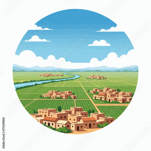 Lush Green Valley with Villages and River Under Blue Sky.