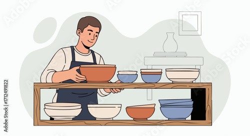Man arranging ceramic bowls on a wooden shelf.