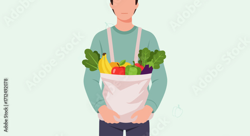 Man holding a reusable grocery bag filled with fresh fruits and vegetables promoting healthy eating and sustainable living.