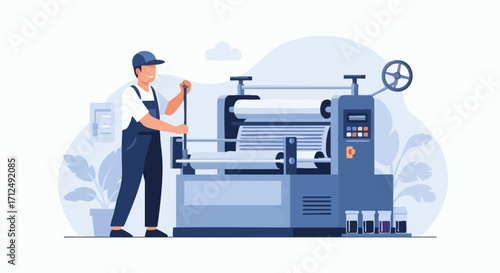 Man operating a large industrial printing machine in a factory setting.