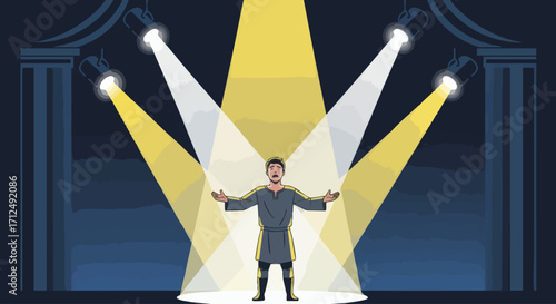 Man on Stage Under Bright Spotlights.