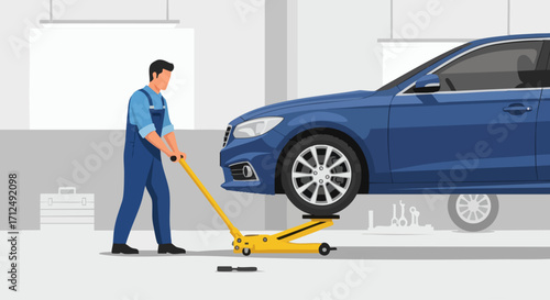 Mechanic lifting blue car with a hydraulic jack in a garage.