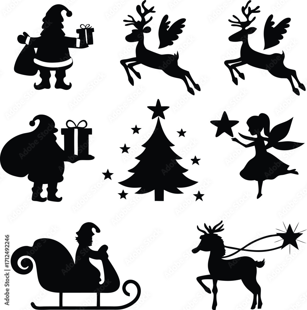 Fototapeta premium Festive christmas silhouette collection featuring santa claus and winter elements