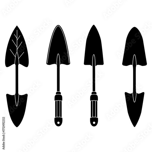 Isolated set of four black garden trowel icons. A collection of minimalist shovel and spade silhouettes