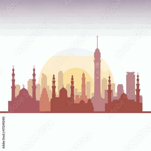 Middle Eastern Cityscape Silhouette with Mosques and Minarets at Sunset.