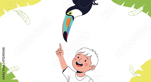 Boy's Joyful Encounter With A Colorful Toucan Amidst Artistic Botanical Accents
