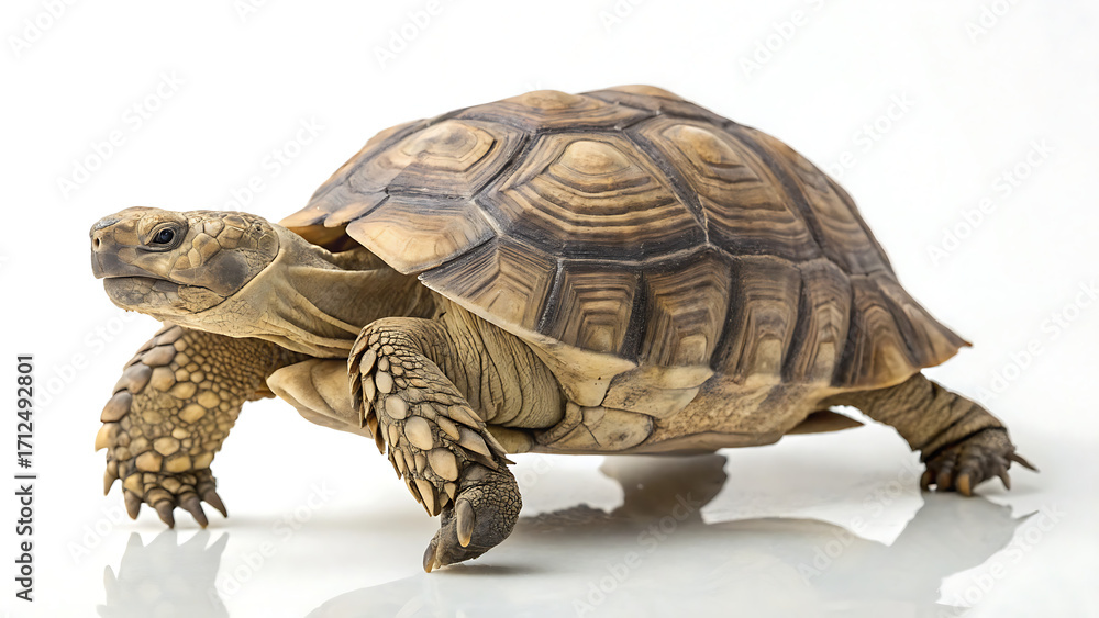 Obraz premium African spurred tortoise walking on a white background