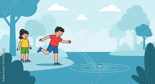 Children Enjoying Summer Fun, Skipping Rocks, Outdoor Activities, Park Recreation
