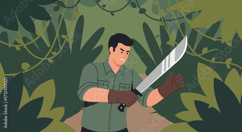 Brave Explorer Standing In The Jungle Preparing To Cut Through Dense Undergrowth