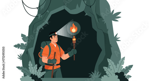 Brave Explorer Exploring Mysterious Cave Illuminated by Glowing Torch Amidst Lush Foliage