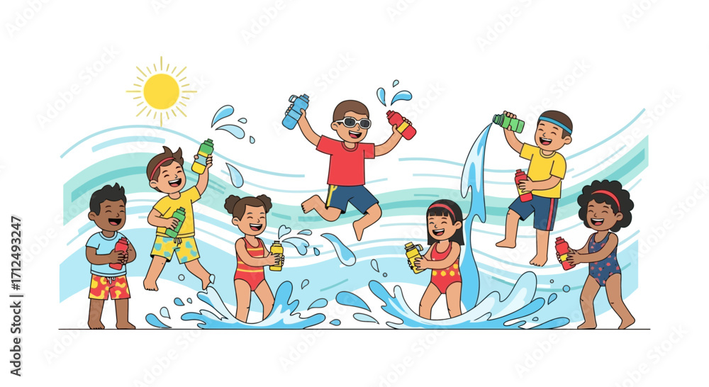 Fototapeta premium Children Enjoying Summer Water Festivities Playing With Filled Bottles Outdoors
