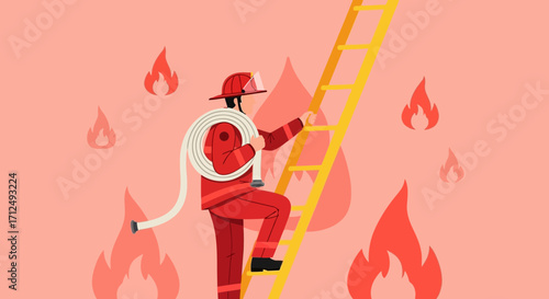 Brave Firefighter Ascending Ladder Amidst Flames, Ready To Extinguish The Blaze.