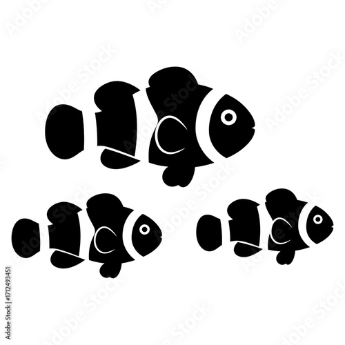 A black and white illustration of three clownfish, showcasing their distinctive stripes and patterns in a playful arrangement