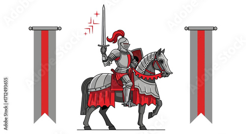 Brave Knight Displays Sword While Riding A Majestic Horse Beneath Crimson Banners