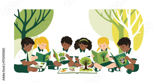 Children Enthusiastically Reading Nature Books Together Under Gentle Shaded Trees