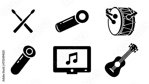 Music Instrument Icons Set in Black Silhouette