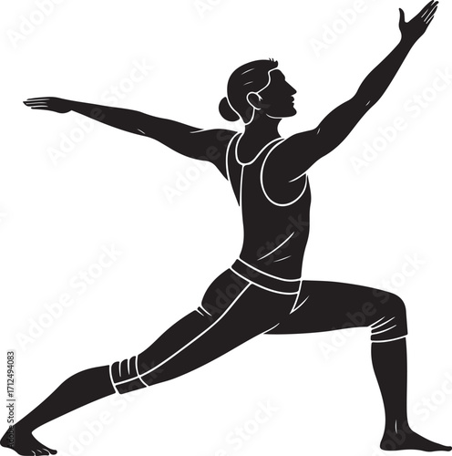 Black and white silhouette of a person in a yoga warrior pose.