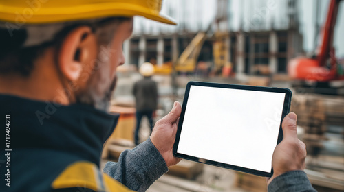 Construction worker in safety vest and helmet using a tablet for project management at a building site. Concept of digital construction, smart technology, and modern engineering solutions.