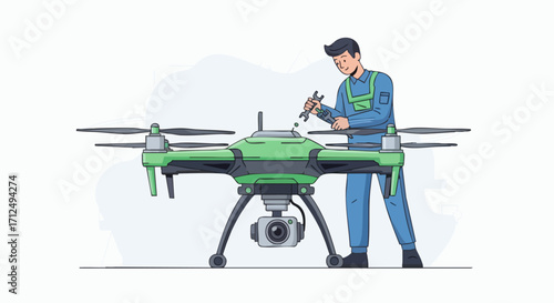 Technician repairing a large drone with a camera illustrating drone maintenance and service.