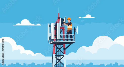 Telecommunication engineer working on a cellular tower for network maintenance.