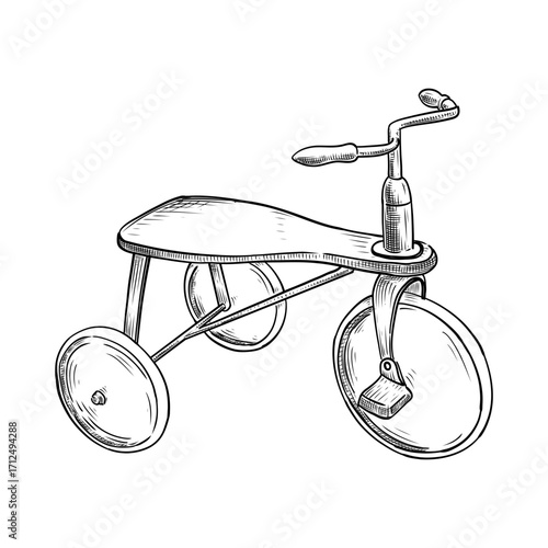 Vintage tricycle vector line art hand drawn illustration 