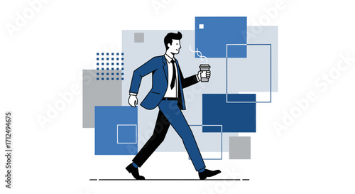 Business Professional Strolling With Coffee Cup In Modern Geometric Background Design