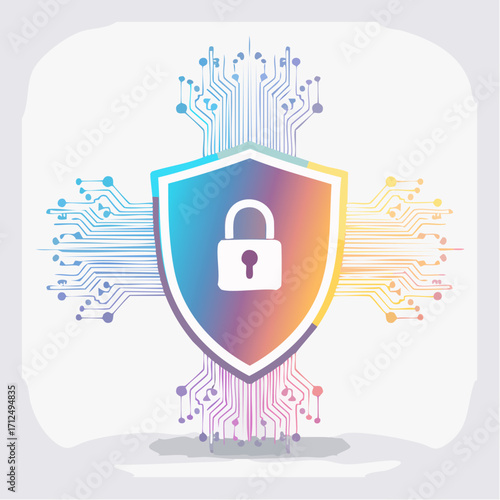 Abstract technology concept of internet safety and online data privacy with a defensive shield icon on an integrated microchip background