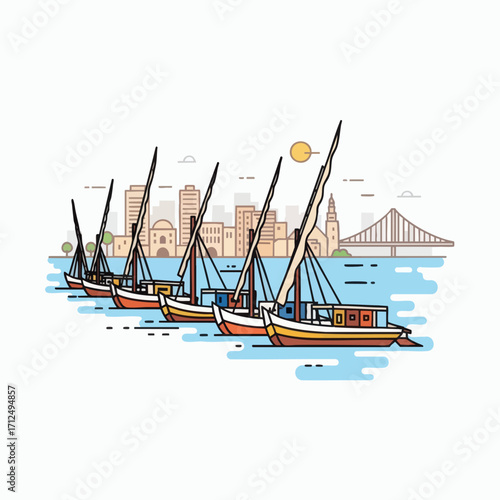 Traditional Felucca Boats Sailing on the Nile River with Cairo Cityscape.