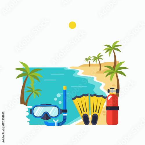 Tropical Beach with Snorkeling and Diving Gear.