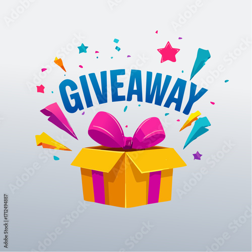 Festive prize contest banner featuring an open present box with a large bow and exploding confetti