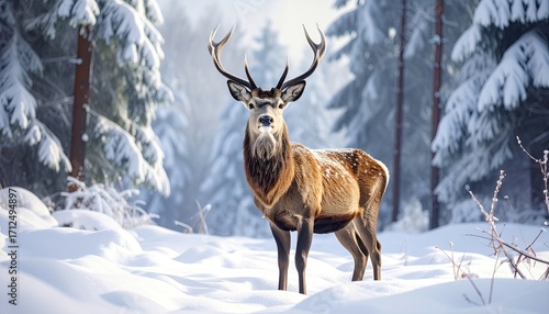 Majestic Red Deer Standing Alert in Snowy Forest on Sunny Day During Winter Season With Sunlight Filtering Through Trees