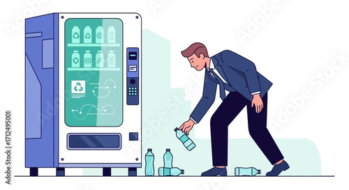 Businessman Collecting Bottles Near a Vending Machine Demonstrating Recycling And Sustainability