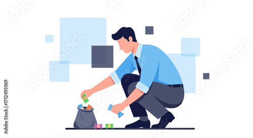 Businessman Crouched Down Carefully Organizing And Placing Cash in A Financial Bag