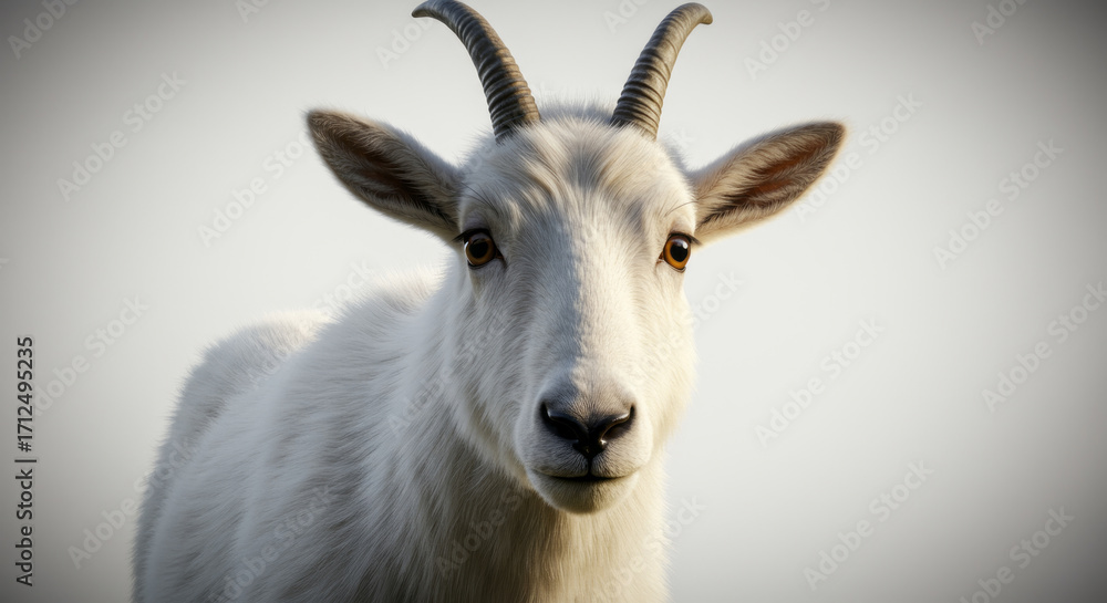 Fototapeta premium Closeup of a white mountain goat with short horns.