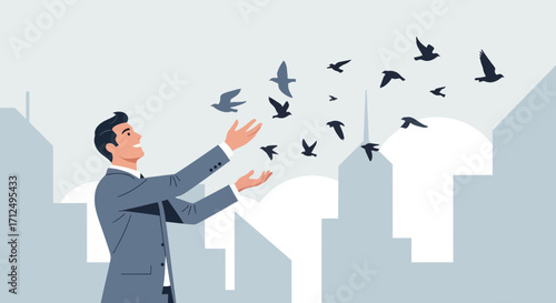 Businessman Releasing Birds Symbolizing Freedom, Hope, And Joy In Urban Setting