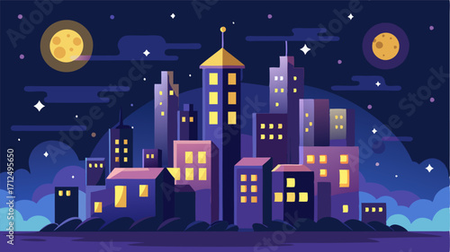 A surreal city nightscape with buildings appearing as if they are floating in a sea of lights against the dark starry sky.